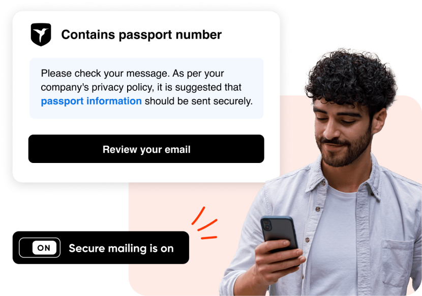Man looking at phone with passport number and secure mailing UI shots