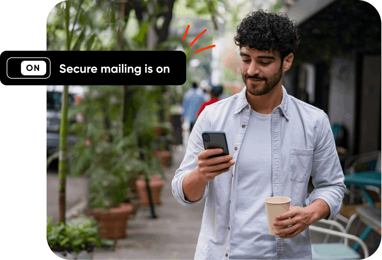 Man holding phone with secure mailing slider UI