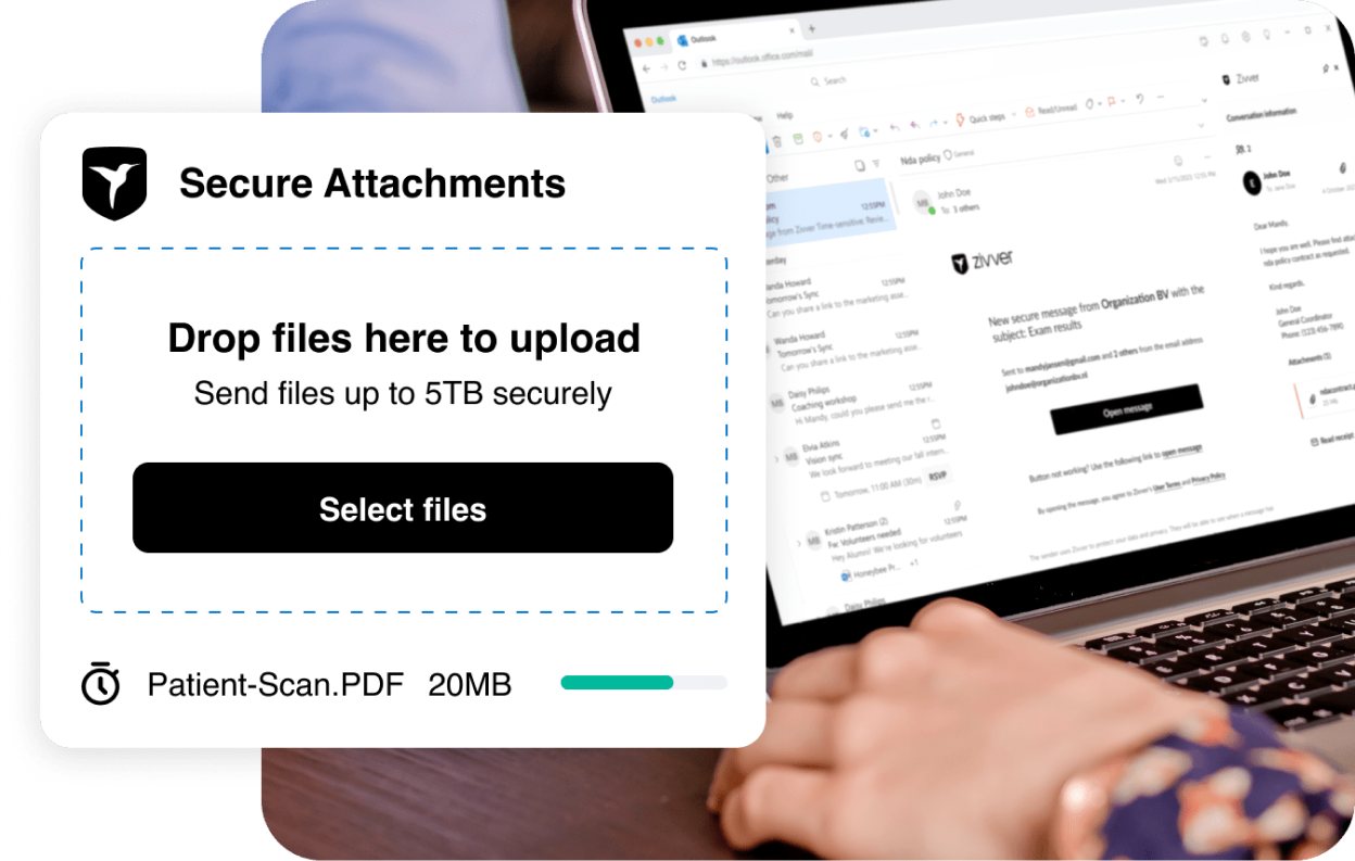 Person sending email with secure attachments UI screenshot