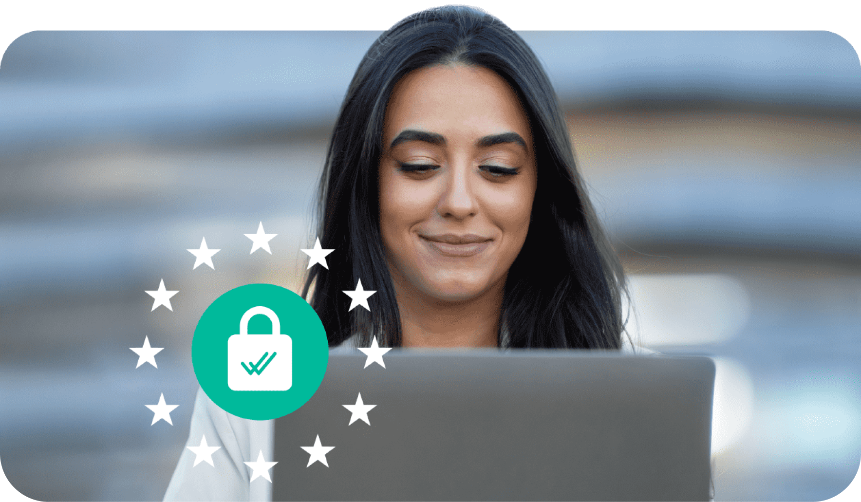 Woman using laptop with lock tick icon